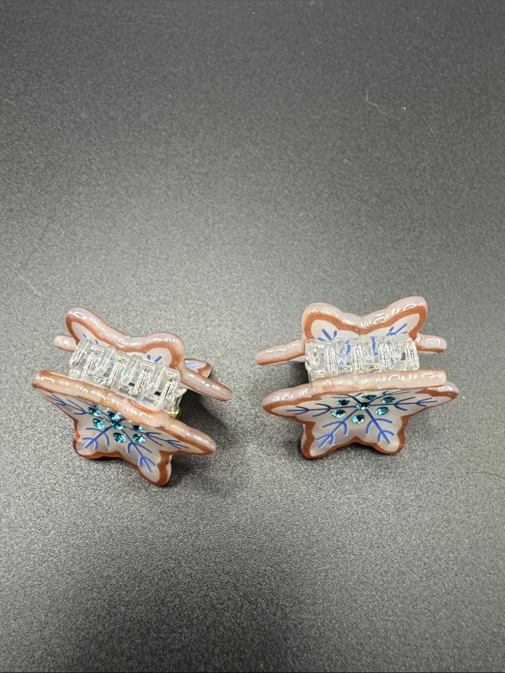 Snowflake Gingerbread Hair Clip - Blue Crystal Accents set of 2